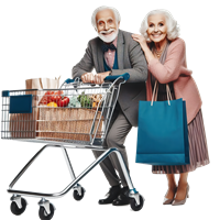 To glade ældre personer står ved en indkøbsvogn fyldt med varer.