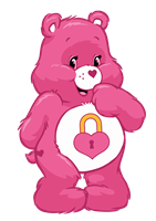 En farverig pink bjørn med et hjerte og en lås på maven, der ser venlig ud.