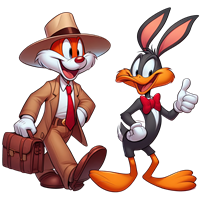 To ikoniske tegnefilmsfigurer, en med hat og kuffert, den anden med slips og tommel op.