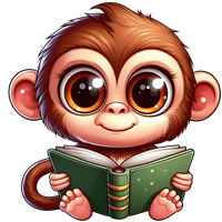 En sød, tegnet abe med store øjne, der holder en bog og ser nysgerrigt ud.