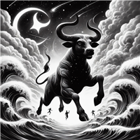 En dramatisk sort-hvid illustration af en tyr, der springer gennem bølger under en stjerneklar himmel.