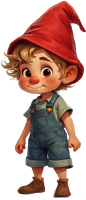 En sød, ung dreng iført en rød nissehat og overalls, med et venligt smil.