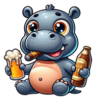 En sød, cartoon-lignende flodhest, der holder en øl og en sodavand, med en cigar i munden.