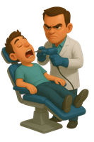 En tandlæge behandler en nervøs patient i tandlægestolen.