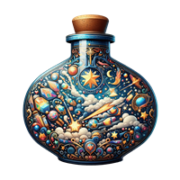 En farverig flaske dekoreret med stjerner, planeter og skyer, der skaber et galaktisk tema.