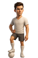 En animeret fodboldspiller står med en bold, iført sportstøj.