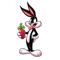 En farverig tegneseriekanin, der holder et jordbær og har et legende udtryk.