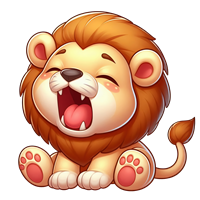 En tegneserieagtig løve, der sidder og brøler med et glad udtryk.