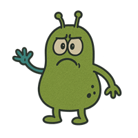 En grøn, tegneserieagtig figur med antenner og et trist ansigt, der vinker.