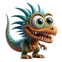 En sød og farverig drage med store øjne og skarpe tænder, der ser legesyg ud.