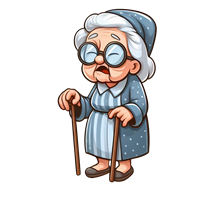 En tegnet gammel dame iført en blå kjole og hat, der står med to stokke.