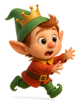 En glad lille elver med en grøn hat og krone, der løber med en overrasket mine.