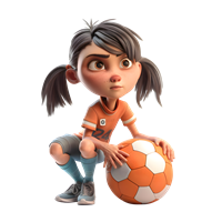 En animeret pige sidder på hug med en fodbold, iført en orange trøje.