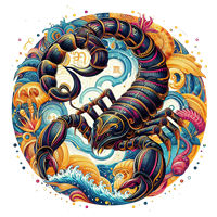 Et detaljeret og farverigt billede af en skorpion omgivet af bølger og abstrakte former.