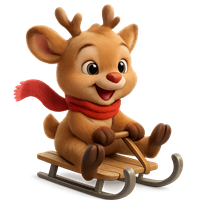 Et sødt, animeret rensdyr iført et rødt tørklæde, der kælker ned ad en bakke.