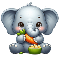 Et sødt, tegnet elefantbarn sidder og holder en gulerod, mens det ser glad ud.