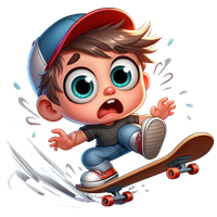 En ung dreng på skateboard ser forskrækket ud, mens han mister balancen.