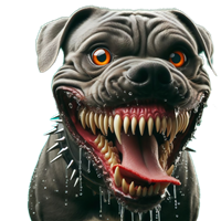 Et skræmmende billede af en hund med truende ansigtstræk og skarpe tænder.