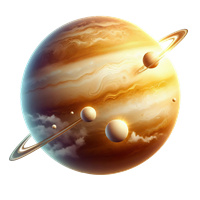 En farverig illustration af planeten Jupiter med sine karakteristiske ringe og måner.