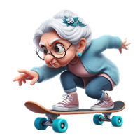 En energisk bedstemor, der skater på en skateboard med et bestemt udtryk.