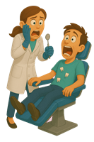 En tandlæge ser chokeret ud, mens en patient ser bange ud i tandlægestolen.