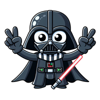 En tegneserieversion af Darth Vader, der laver fredstegn med lysaber.