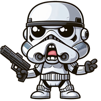 En sød og tegneserieagtig version af en stormtrooper med en pistol.
