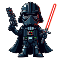 En tegneserieversion af en mørk Jedi med et rødt lyssværd og en blaster.