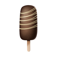 Et lækkert chokoladeis på en pinde, dækket af et sprødt chokoladeovertræk med dekorative striber.