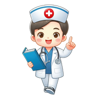 En tegneseriefigur af en sygeplejerske, der holder en bog og smiler.