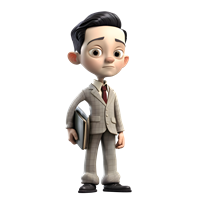 En animeret ung mand i jakkesæt, der holder en mappe og ser eftertænksom ud.