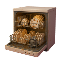 En opvaskemaskine fyldt med beskidte tallerkener og glas, der viser tegn på brug.