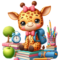 En farverig giraf med en rød sløjfe sidder på bøger omgivet af skoleartikler.