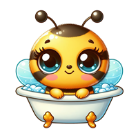 En sød, cartoonagtig bi med store øjne, der sidder i et badekar fyldt med bobler.