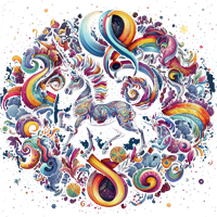 Et detaljeret og farverigt billede af en enhjørning omgivet af regnbuer og fantasifulde elementer.