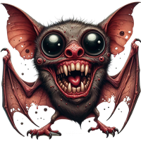 Et fantasifuldt billede af en flagermus med overdimensionerede øjne og en uhyggelig, men sjov ansigtsudtryk.