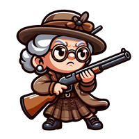 En tegneseriefigur af en bestemt bedstemor med en riffel, iført hat og briller.