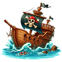 Et farverigt piratskib med et kranium og korslagte knogler, der sejler gennem bølgerne.