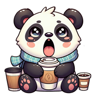 En nuttet panda iført et tørklæde, der sidder med en stor kaffekop og ser sød ud.