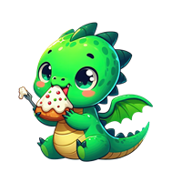 En nuttet grøn drage, der spiser en kage med glasur og smilende øjne.