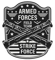 Et emblem med krydsede våben og teksten Armed Forces Field Team Strike Force.