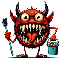 En farverig, tegneserieagtig dæmon med tandbørste og spand, der har en skræmmende tandlæge-tema.