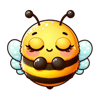 En farverig, glad bi med lukkede øjne og en venlig mine, der svæver.