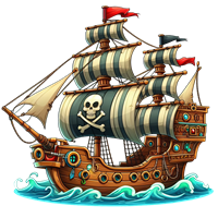 Et farverigt piratskib med sorte og hvide striber, flag og et dødningehoved.