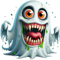 Et farverigt og uhyggeligt spøgelse med store tænder og grønne dråber.