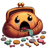 En tegneserieagtig pung med triste ansigtstræk, der græder og er fyldt med slik.