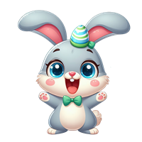 En sød, blå påskehare med store øjne, der bærer en festhat og en grøn sløjfe.