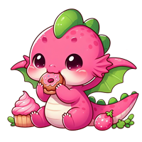 En nuttet pink drage med grønne vinger, der nyder en donut og cupcakes.