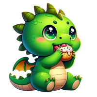 En nuttet grøn drageunge, der spiser en småkage med store, glade øjne.