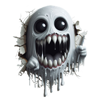 Et skræmmende ansigt med store øjne og skarpe tænder, der ser ud til at bryde ud af væggen.